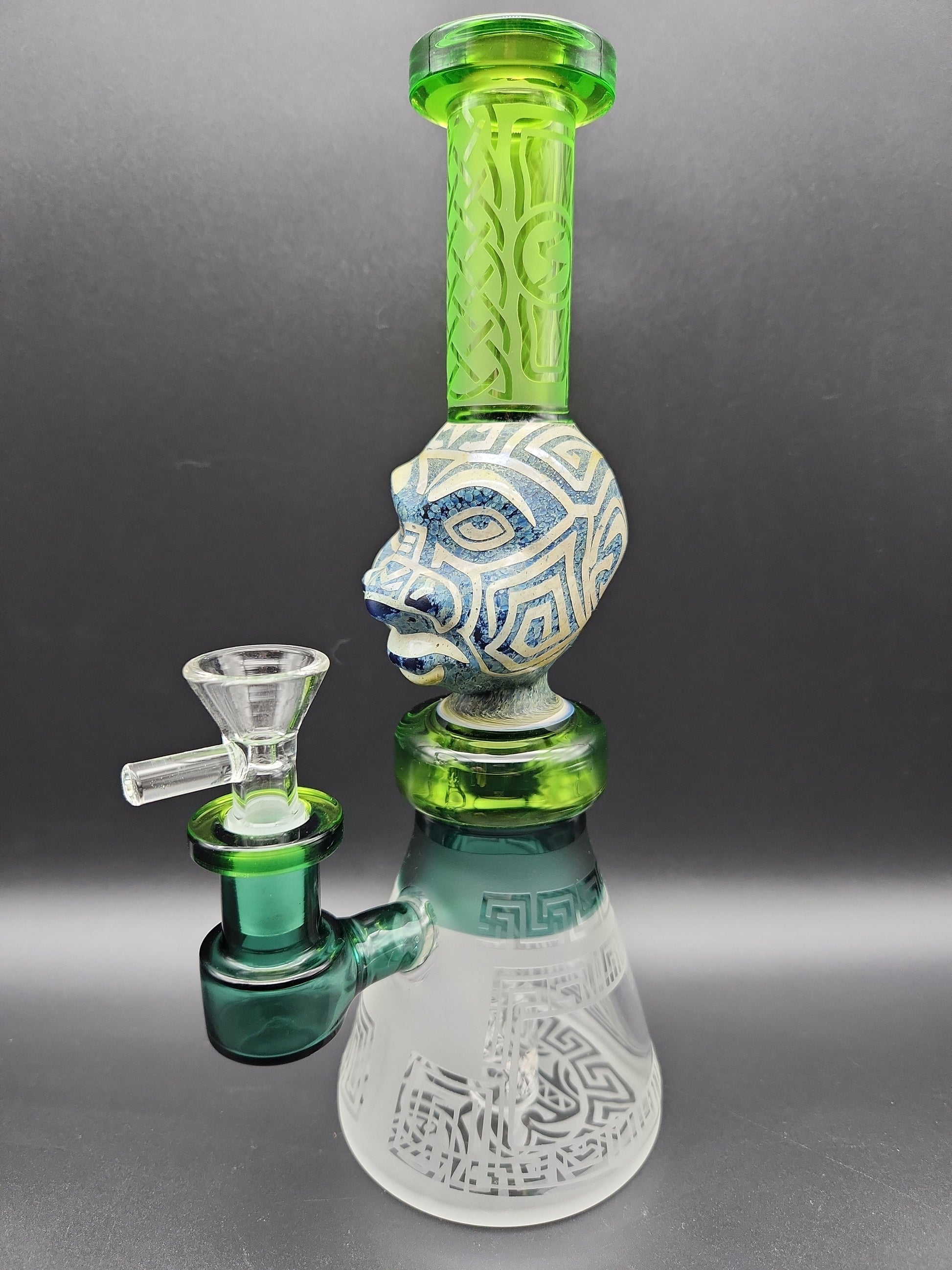 9" Aztec Face Beaker Water Pipe - clear green
