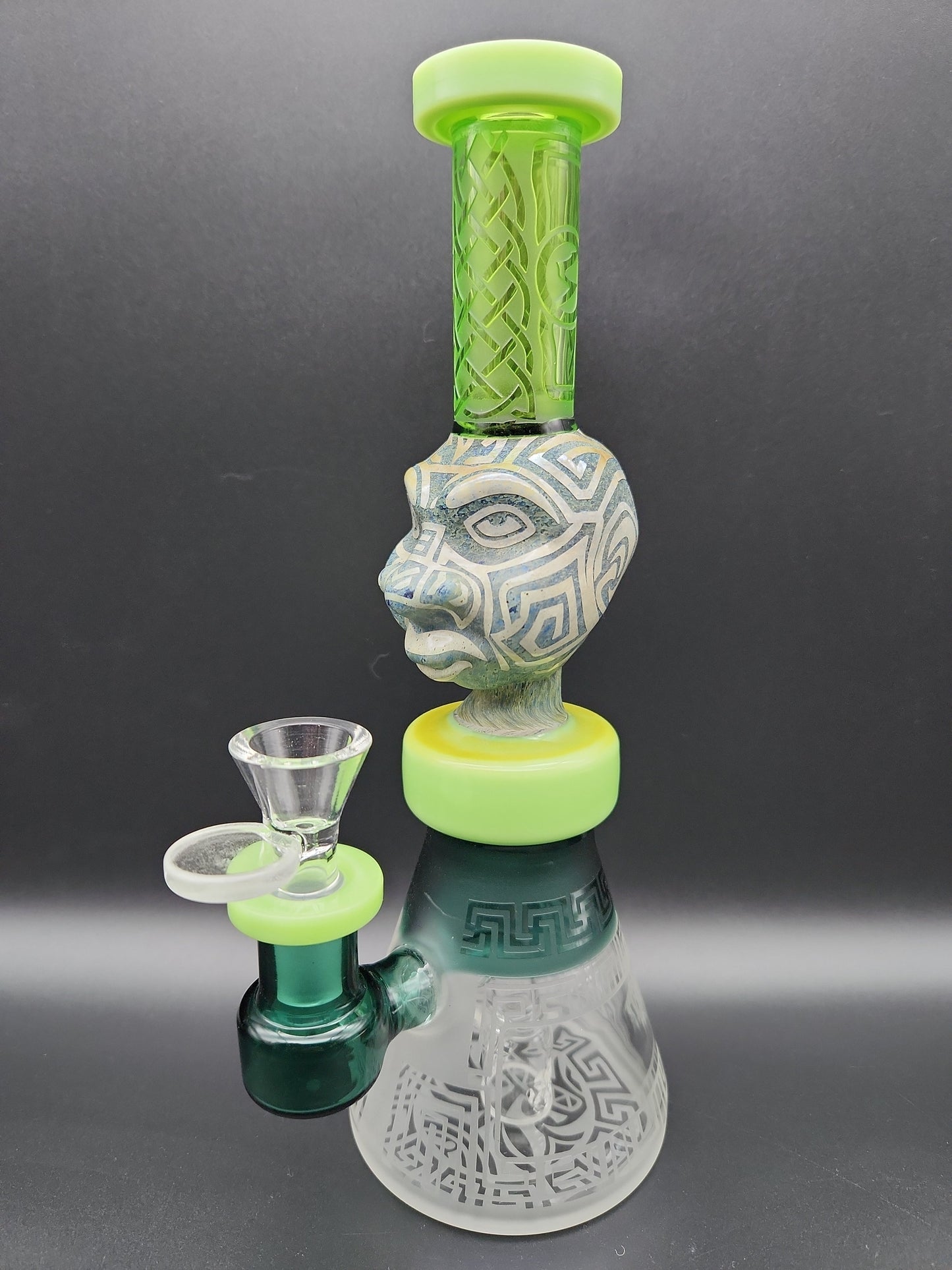 9" Aztec Face Beaker Water Pipe - milky green